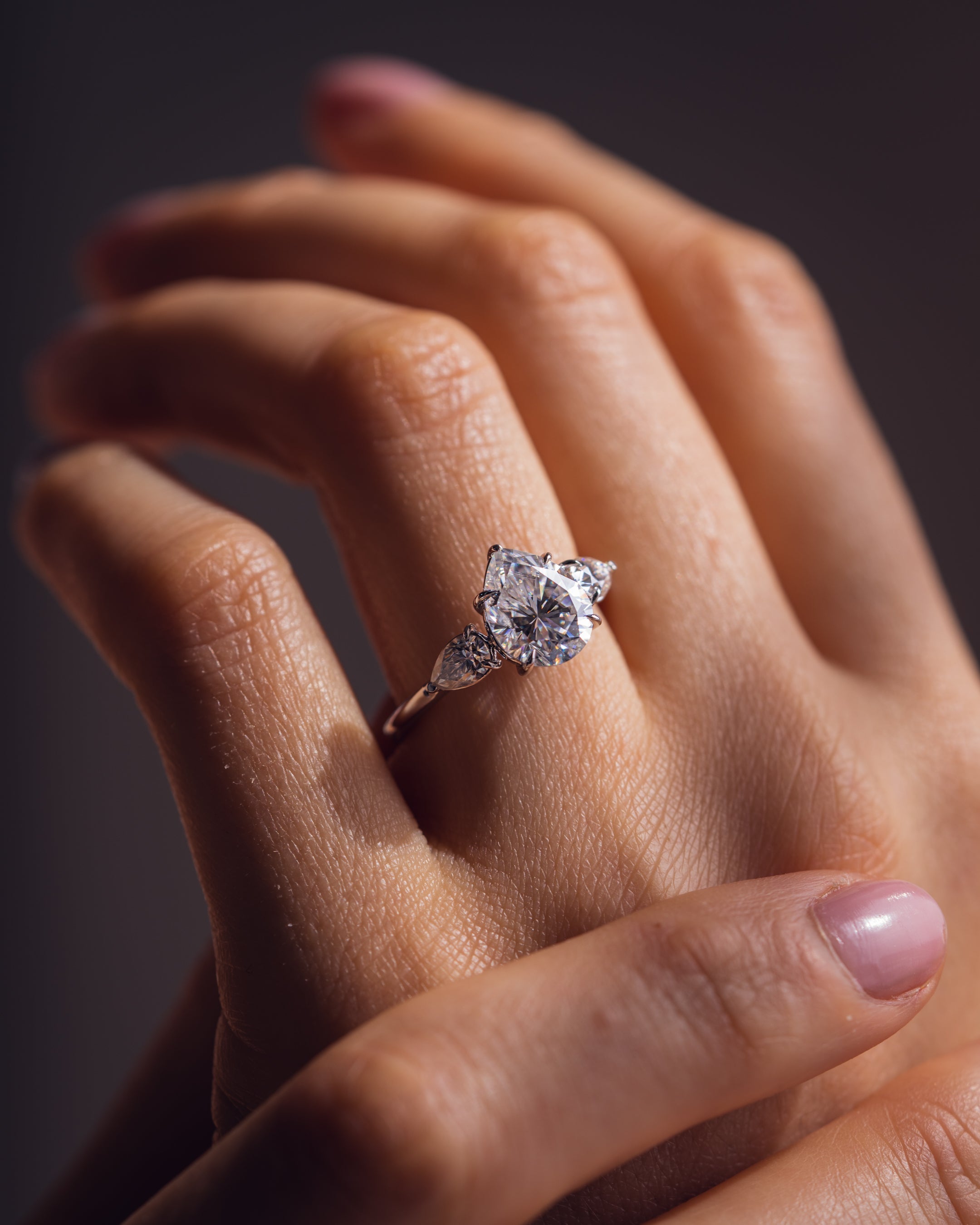 1.09 - 3.09 CT Pear F/VS2 CVD Diamond Three Stone Style Engagement Ring - Camila Brown