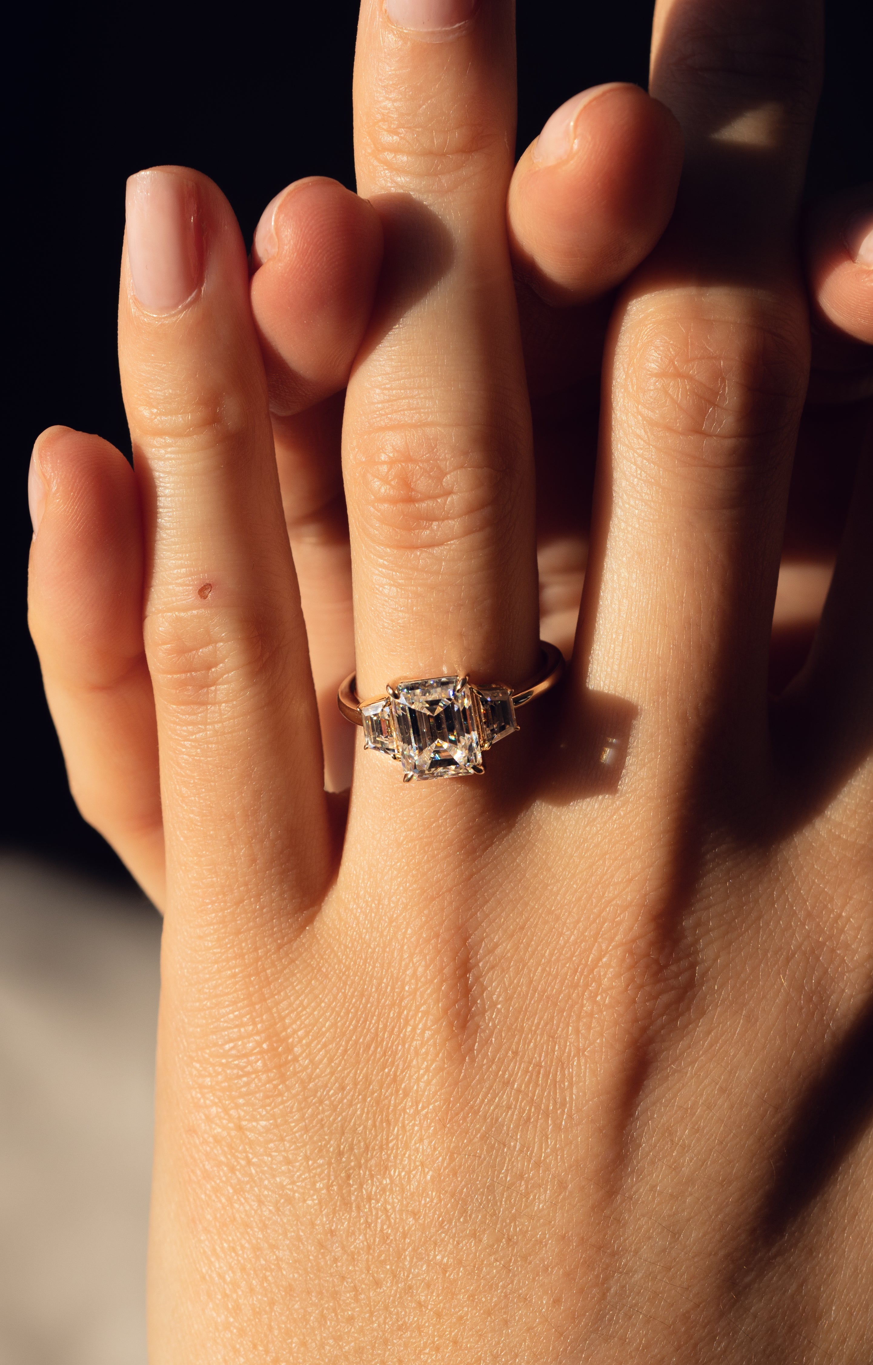 1.42-3.42 CT Emerald E/VS1 CVD Diamond Three Stones Engagement Ring - Camila Brown