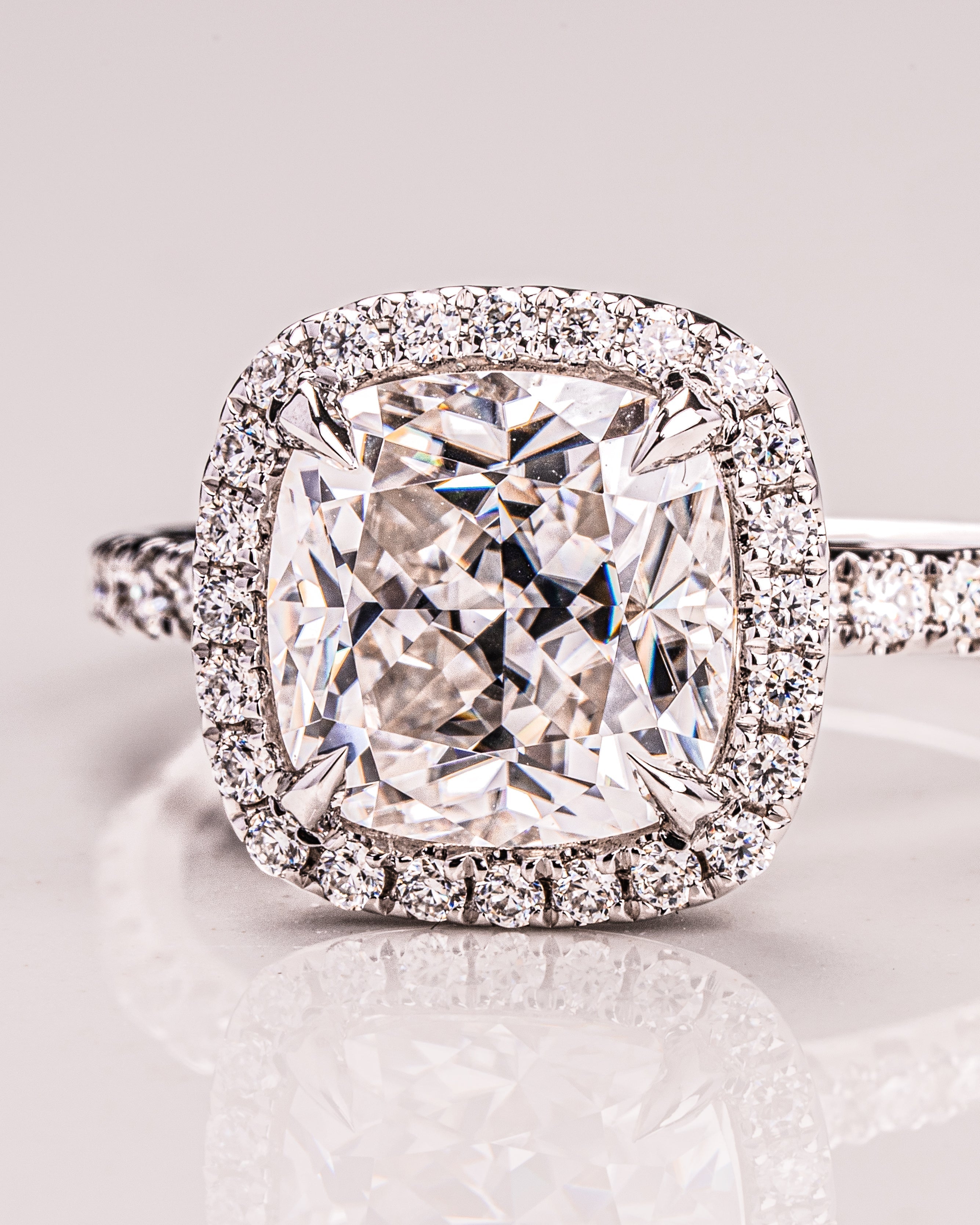 1.80 - 3.80 CT Cushion F/VS1 CVD Diamond Halo Pave Setting Engagement Ring - Camila Brown