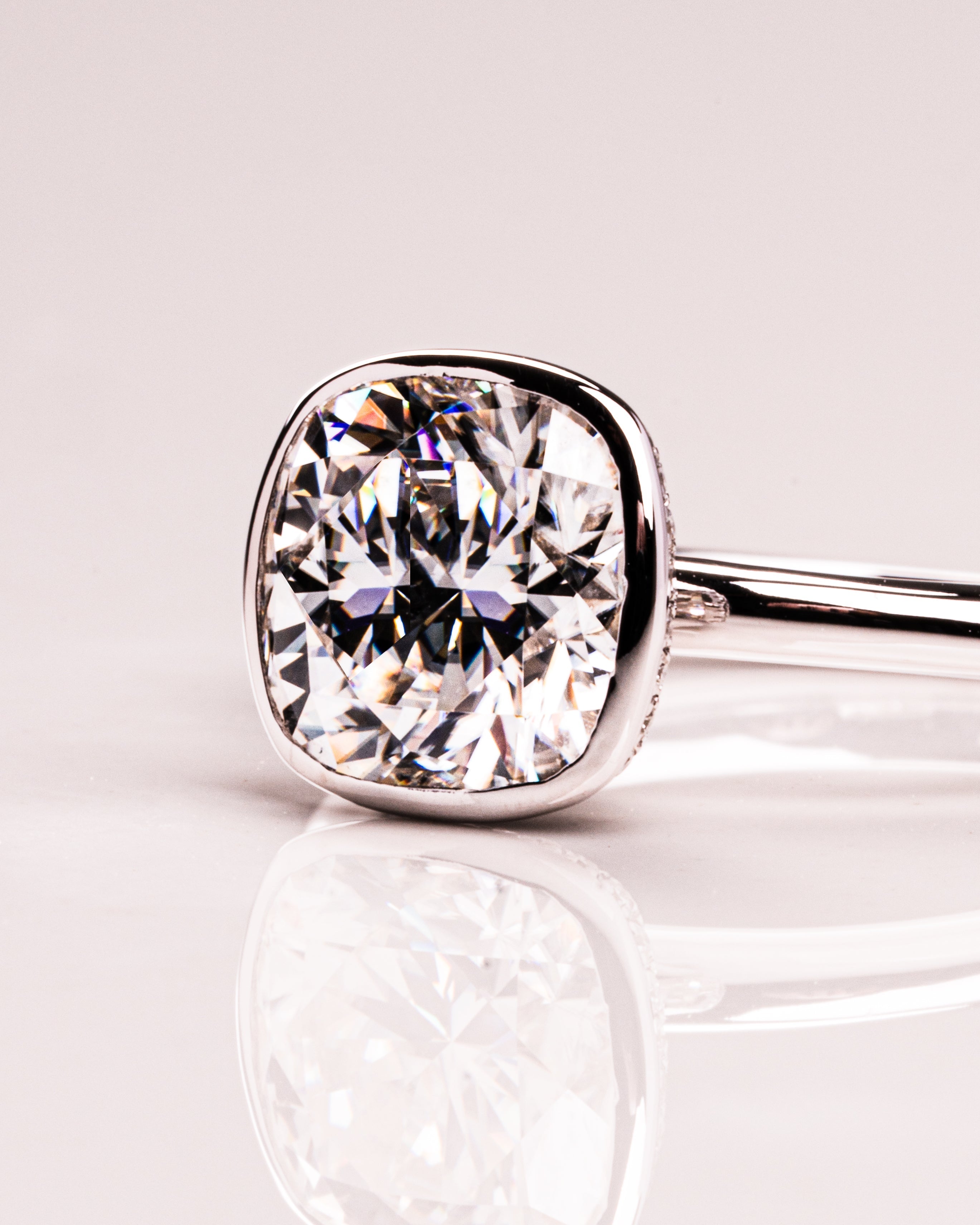 1.15 - 3.15 CT Cushion F/VS2 CVD Diamond Bezel Hidden Halo Engagement Ring - Camila Brown