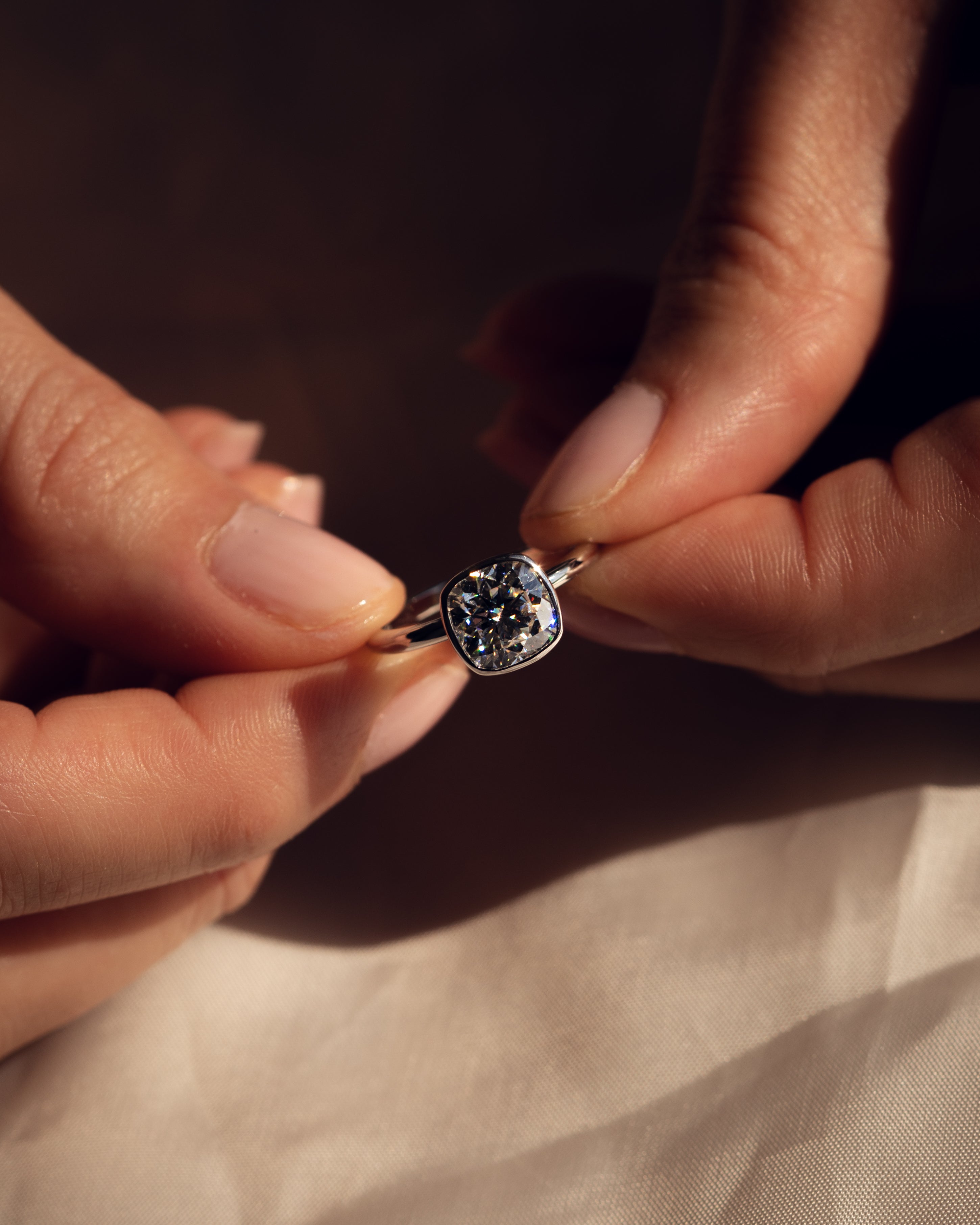 1.15 - 3.15 CT Cushion F/VS2 CVD Diamond Bezel Hidden Halo Engagement Ring - Camila Brown