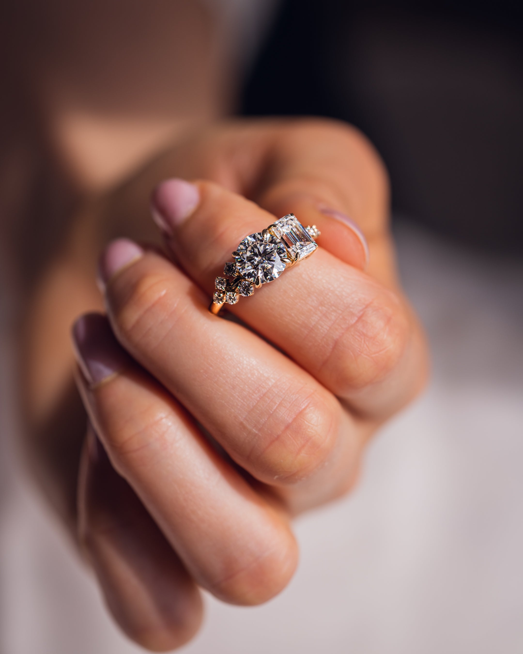 2.80 CT Emerald & Round G/VS2 CVD Diamond Two Stone Engagement Ring - Camila Brown