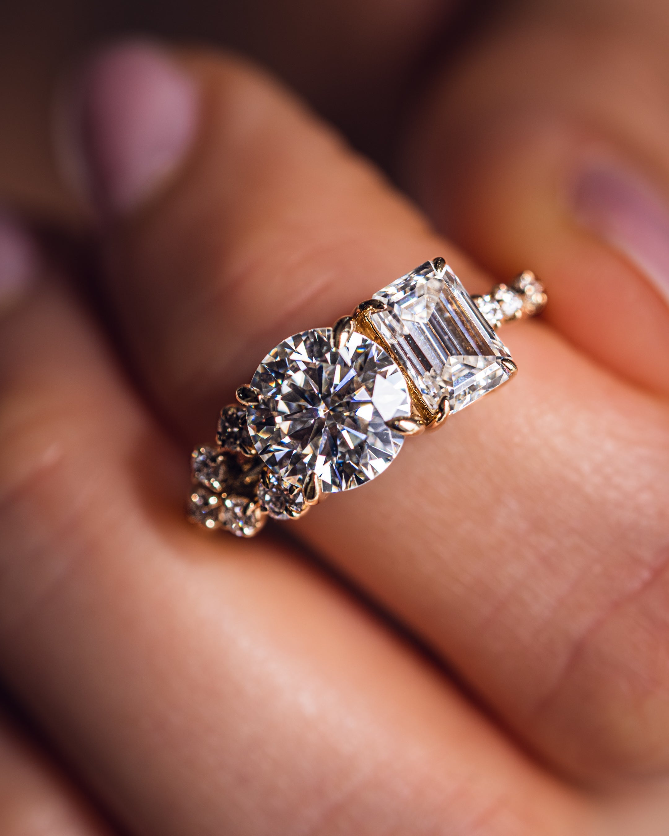 2.80 CT Emerald & Round G/VS2 CVD Diamond Two Stone Engagement Ring - Camila Brown