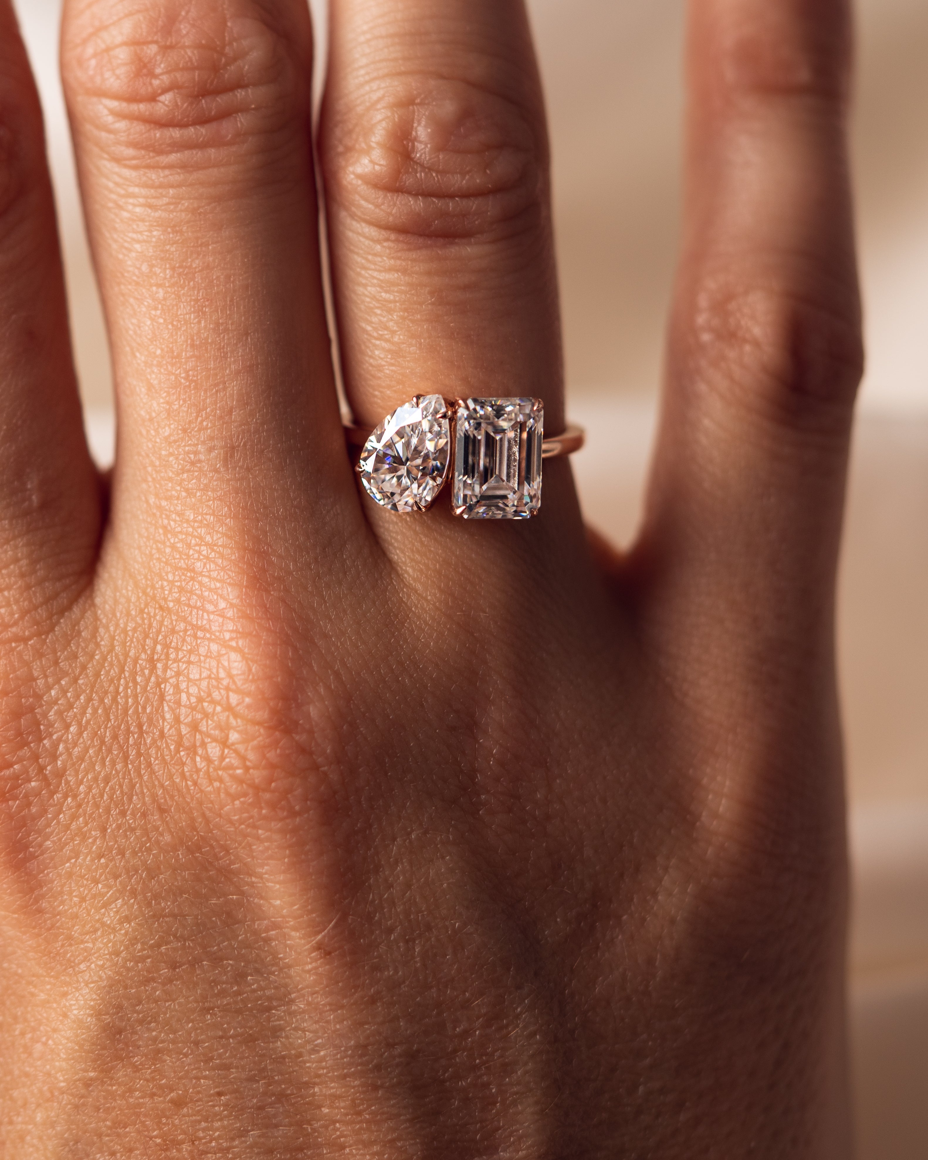 3.75 TCW Emerald & Pear F/VS2 CVD Diamond Two Stone Engagement Ring - Camila Brown