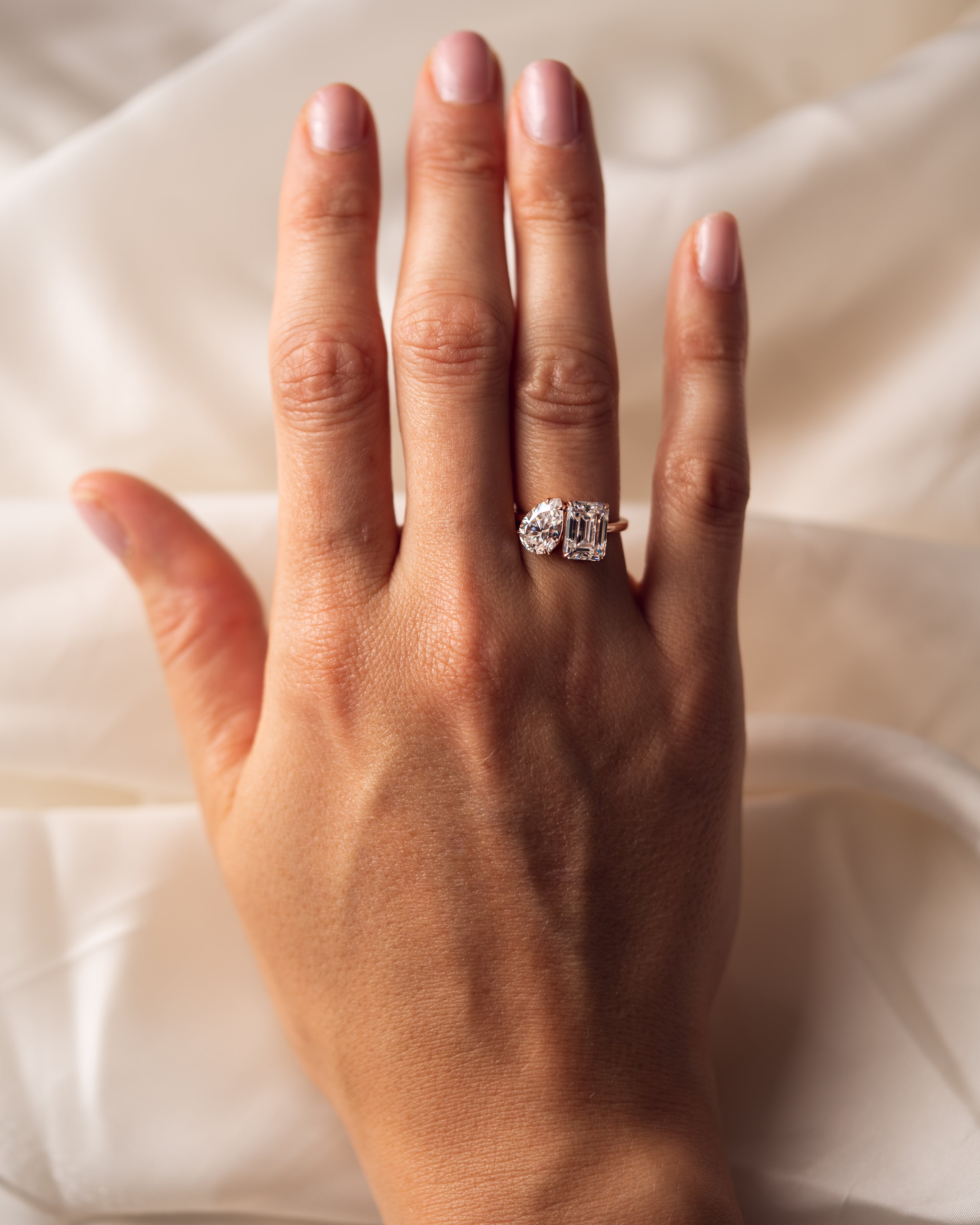 3.75 TCW Emerald & Pear F/VS2 CVD Diamond Two Stone Engagement Ring - Camila Brown