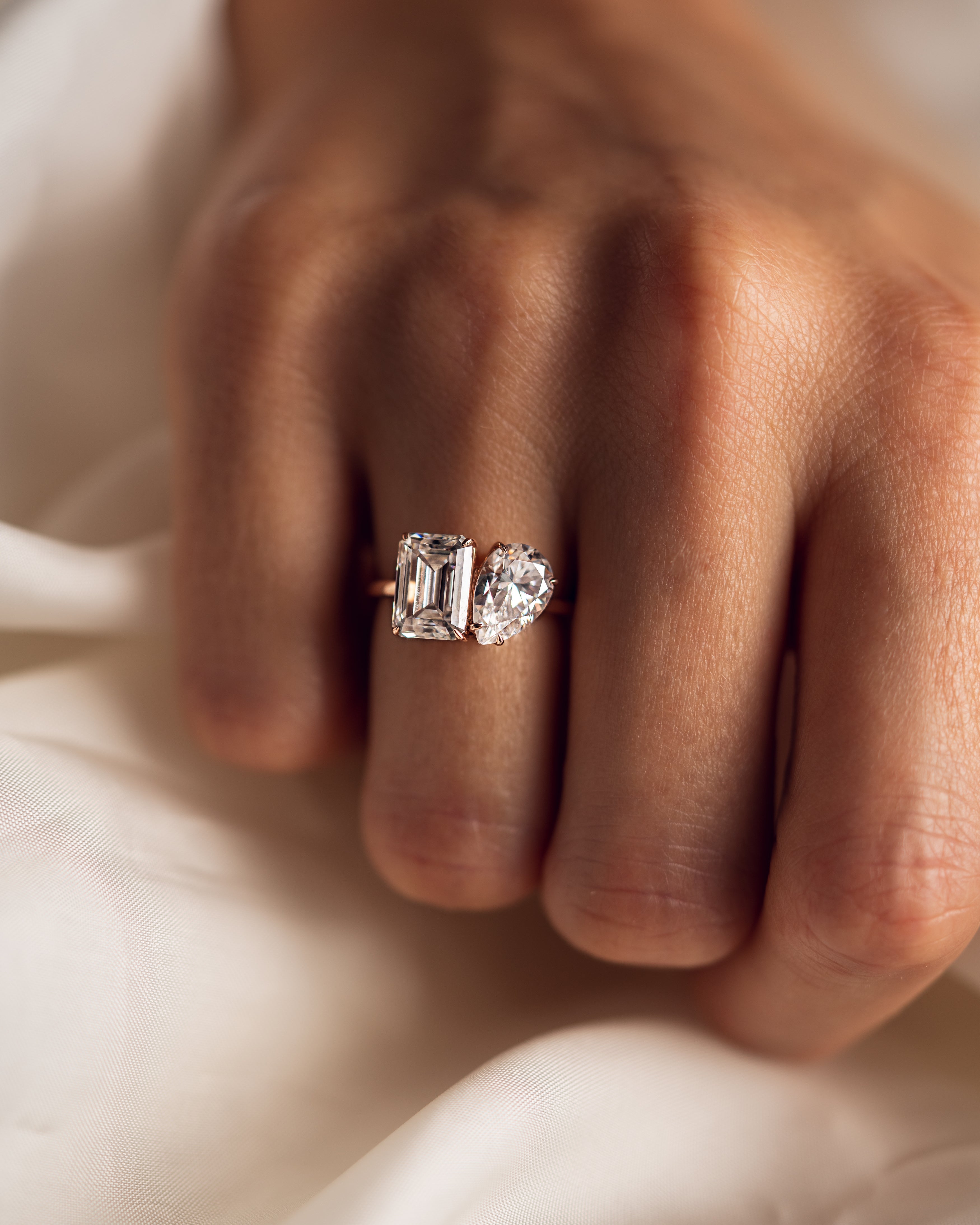 3.75 TCW Emerald & Pear F/VS2 CVD Diamond Two Stone Engagement Ring - Camila Brown