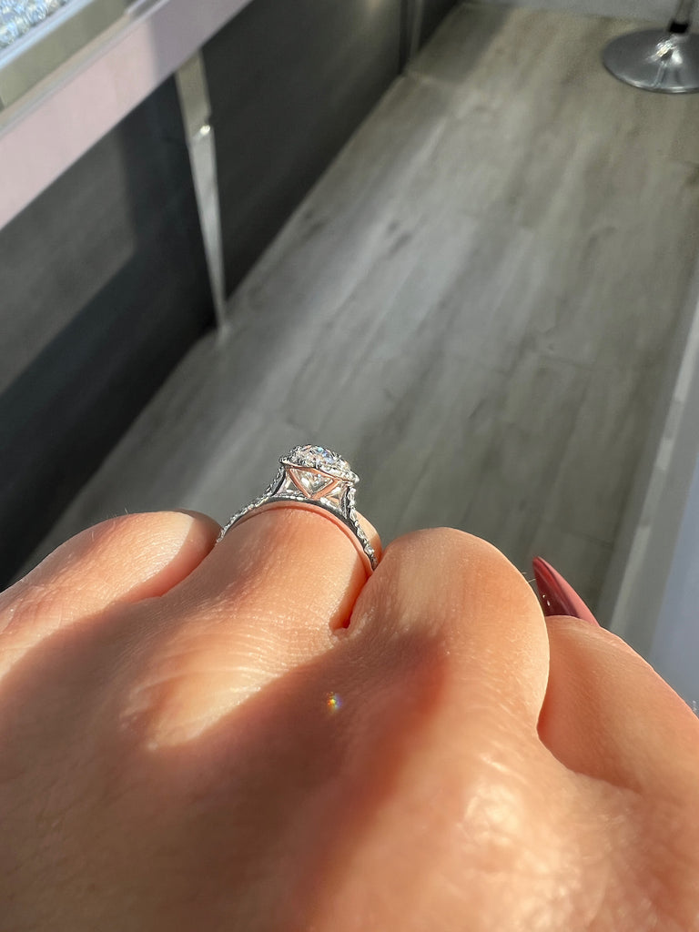1.50 CT Oval F/VS1 CVD Diamond Halo Pave Setting Engagement Ring - Camila Brown
