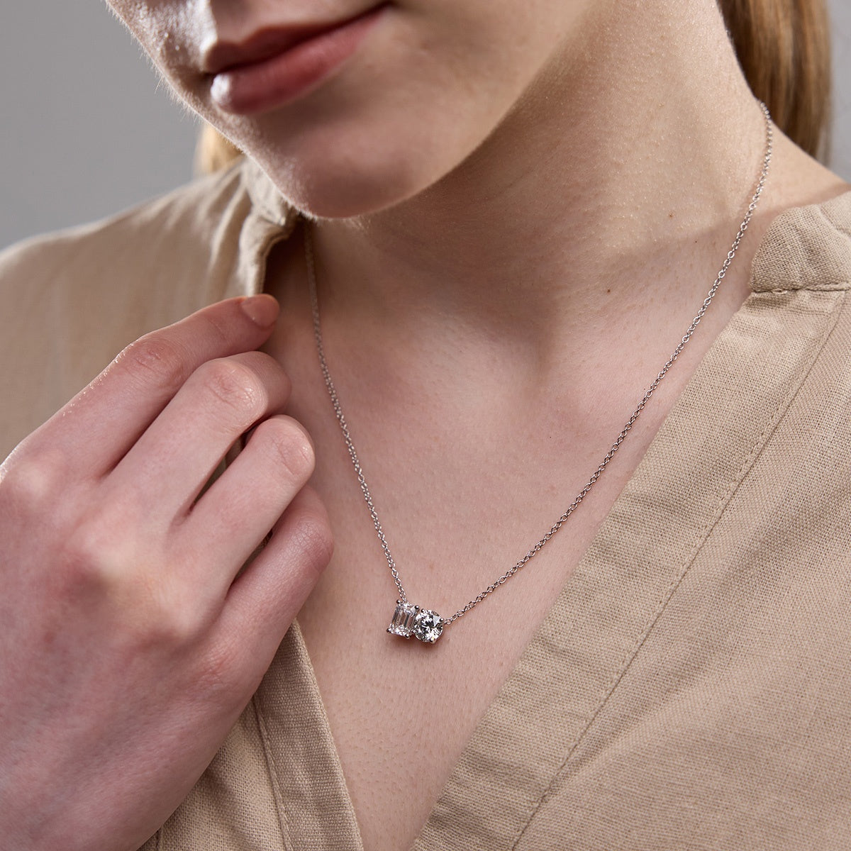 2.22 TCW Emerald & Pear Moissanite Diamond Two Stone Necklace - Camila Brown