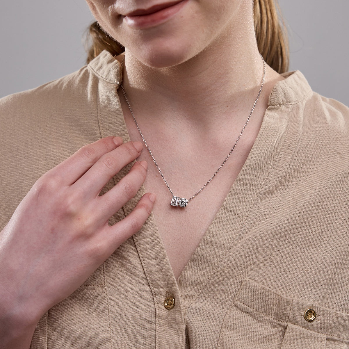 2.22 TCW Emerald & Pear Moissanite Diamond Two Stone Necklace - Camila Brown