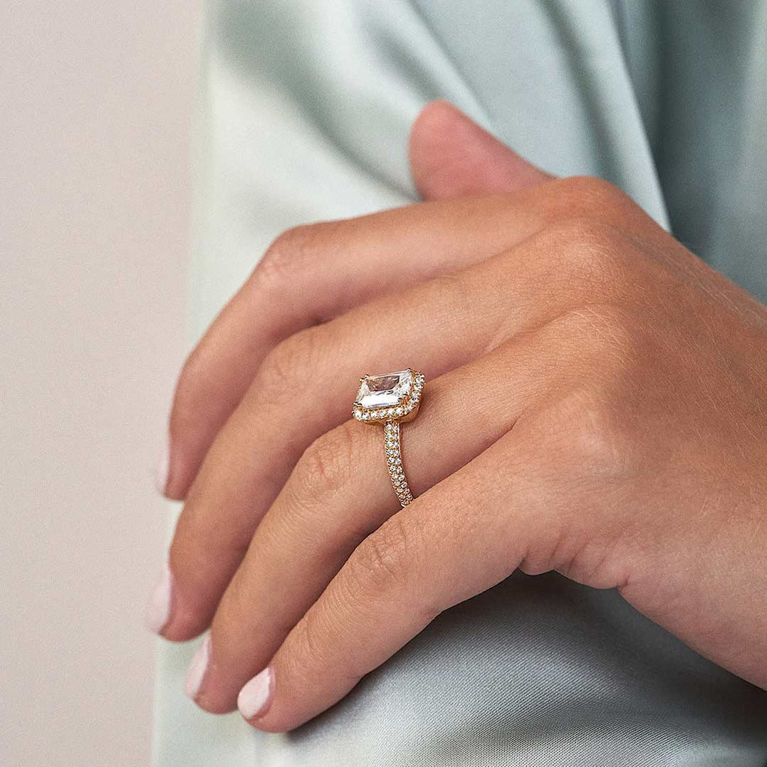 1.50 CT Emerald Cut E/VS1 CVD Diamond Halo Pave Setting Engagement Ring - Camila Brown