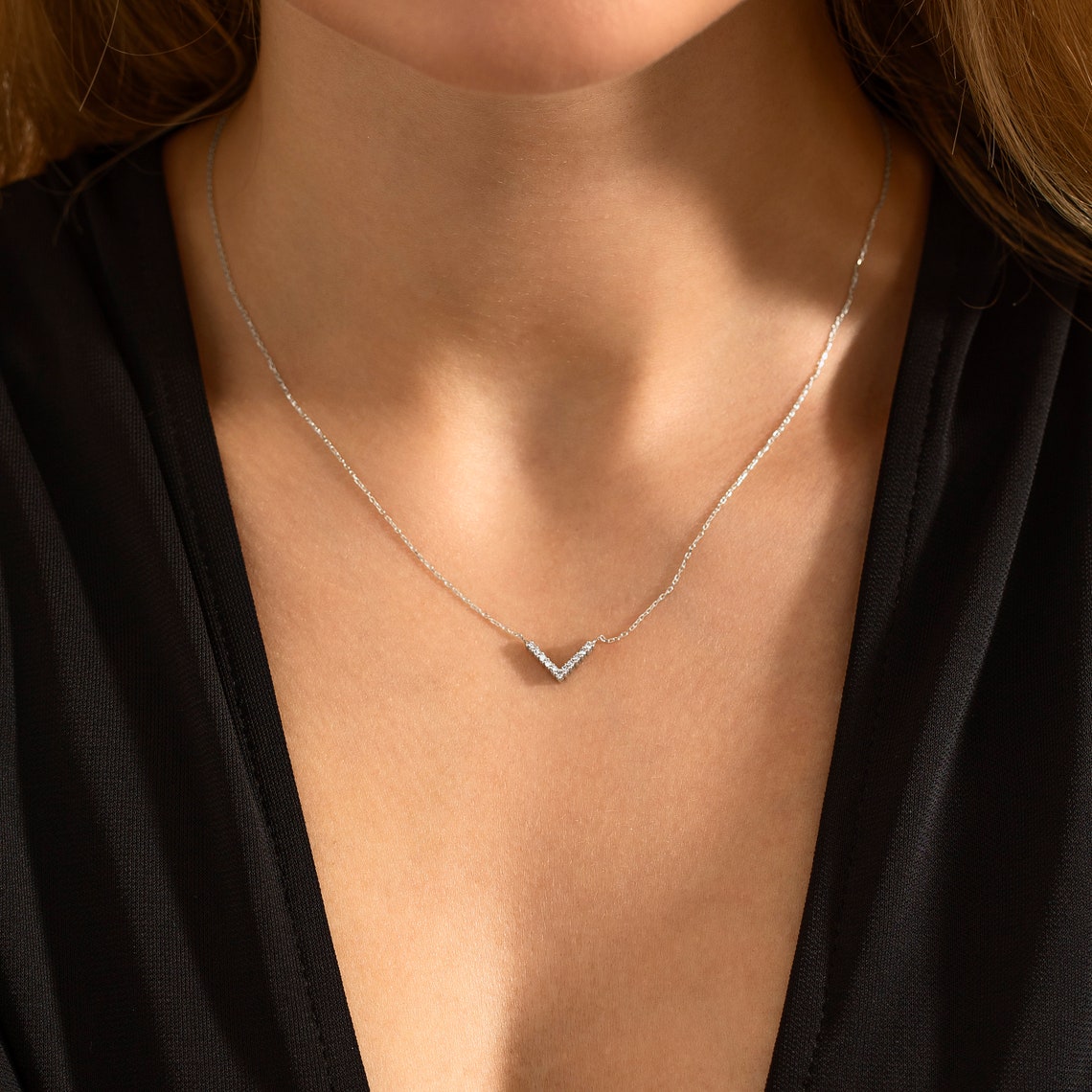 0.10 TCW Round Moissanite Diamond V Shaped Necklace - Camila Brown