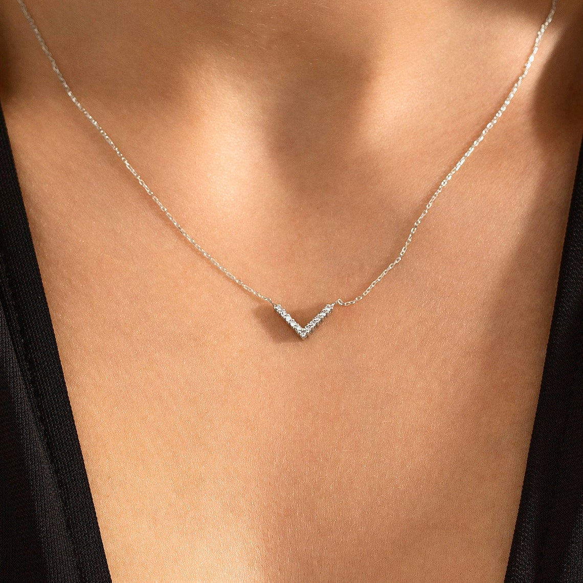 0.10 TCW Round Moissanite Diamond V Shaped Necklace - Camila Brown