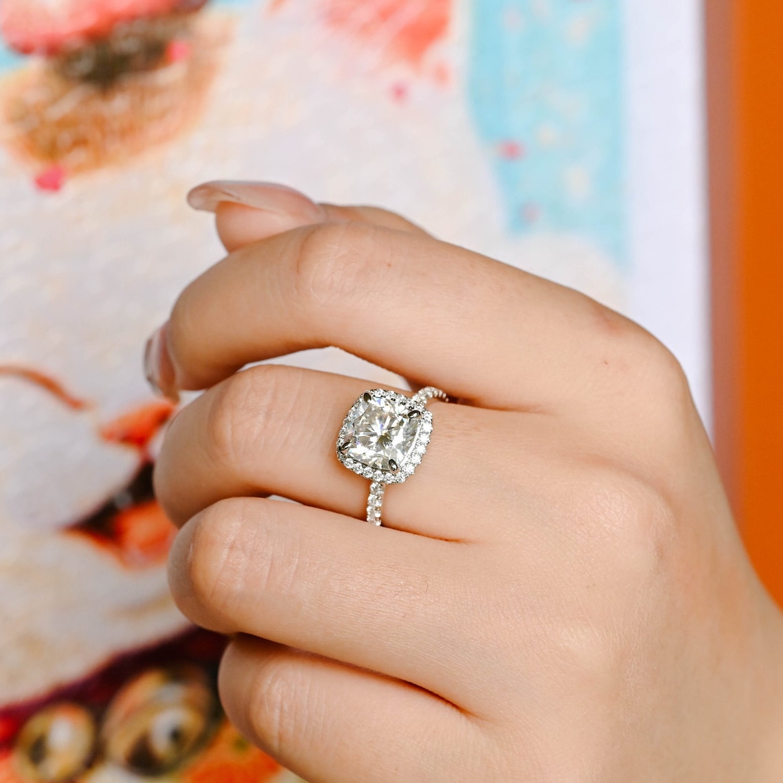 1.50 - 3.50 CT Cushion F/VS1 CVD Diamond Halo Pave setting Engagement Ring - Camila Brown
