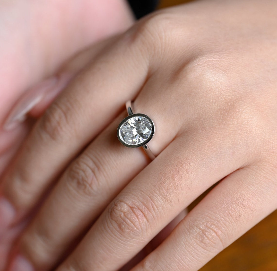 1.0 CT Oval F/VS1 CVD Diamond Bezel Solitaire Engagement Ring - Camila Brown