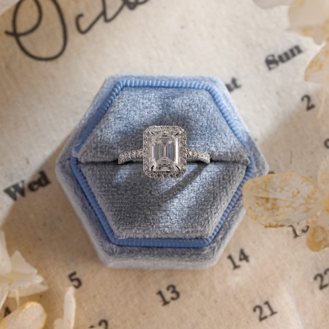 1.0-3.0 CT Emerald E/VS1 CVD Diamond Halo Pave setting Engagement Ring - Camila Brown