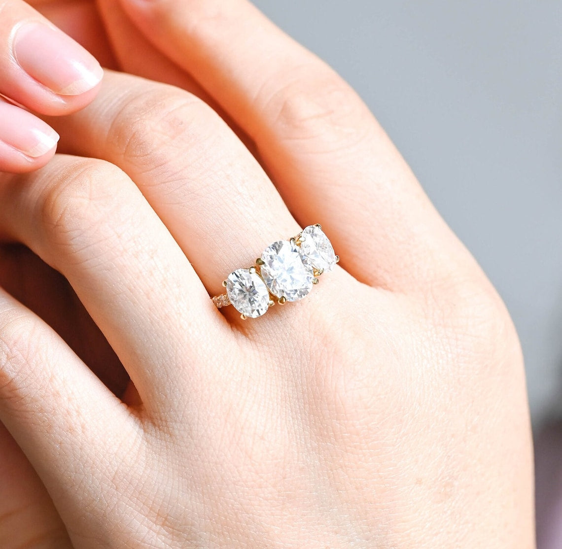 1.0 - 3.0 CT Oval F/VS1 CVD Diamond Three Stone Style Engagement Ring - Camila Brown