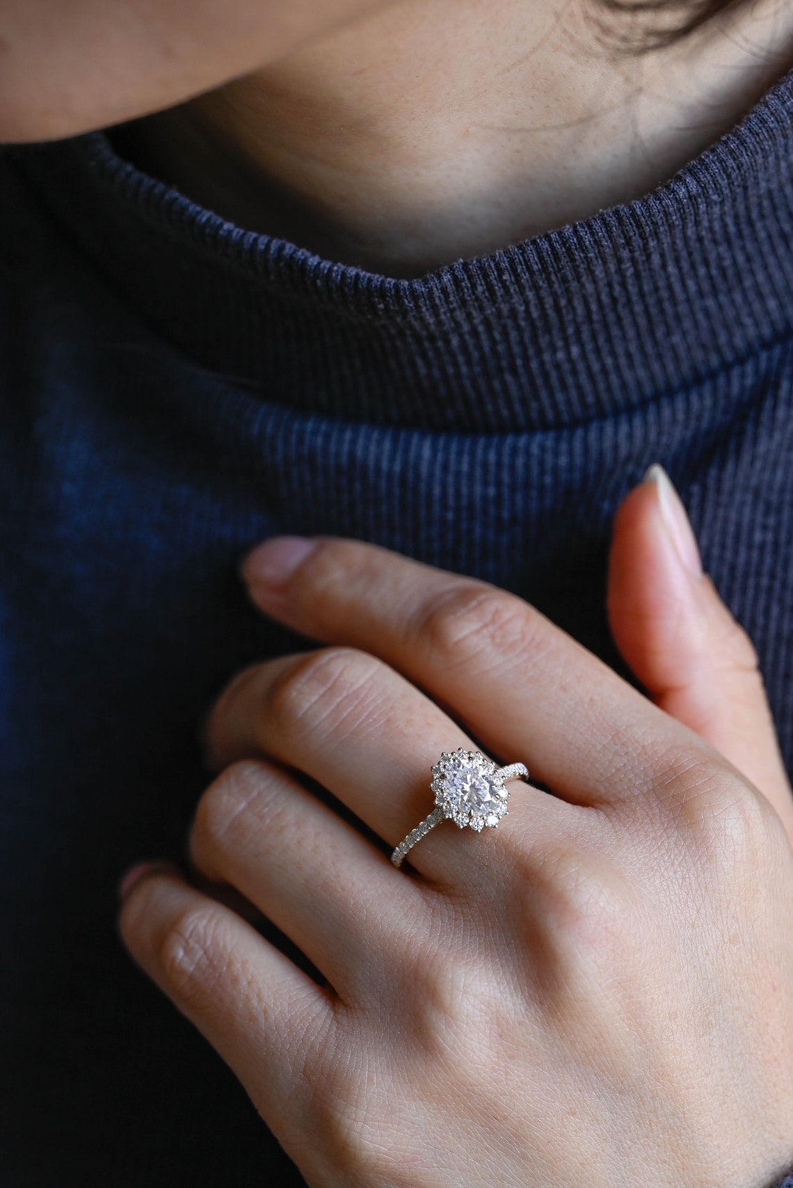 1.0-3.0 CT Oval F/VS1 CVD Diamond Halo Pave Setting Engagement Ring - Camila Brown