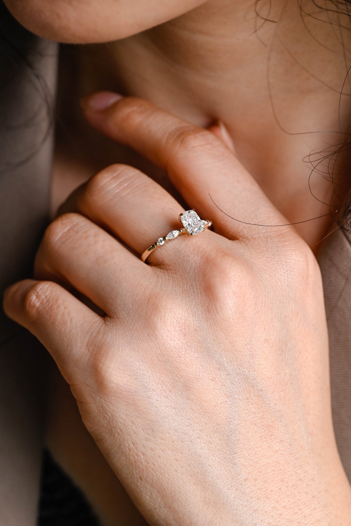 1.0 CT Elongated Cushion Cut F/VS1 CVD Diamond Pave Setting Engagement Ring - Camila Brown