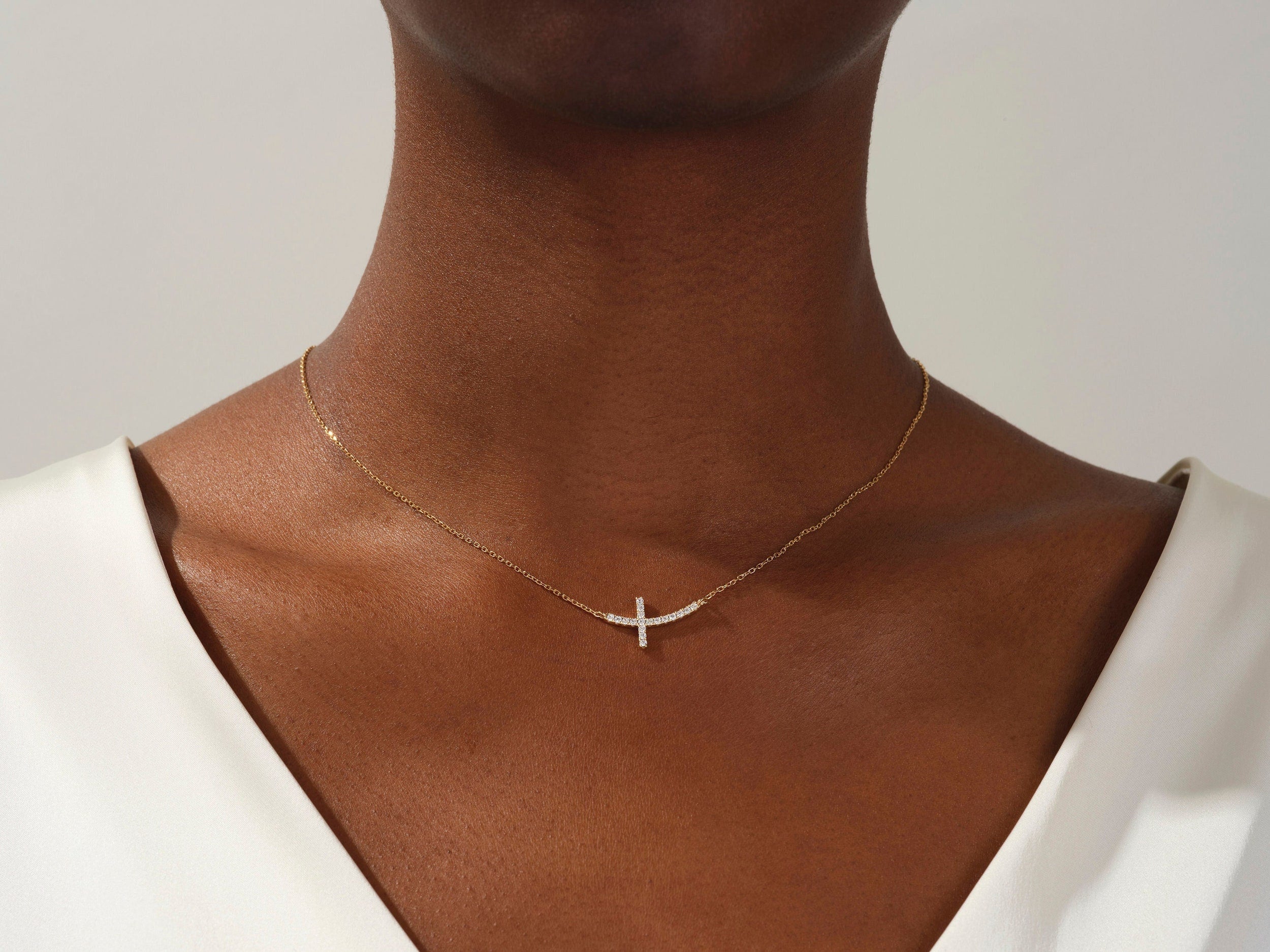 0.27 TCW Round Moissanite Diamond Sideways Cross Necklace - Camila Brown