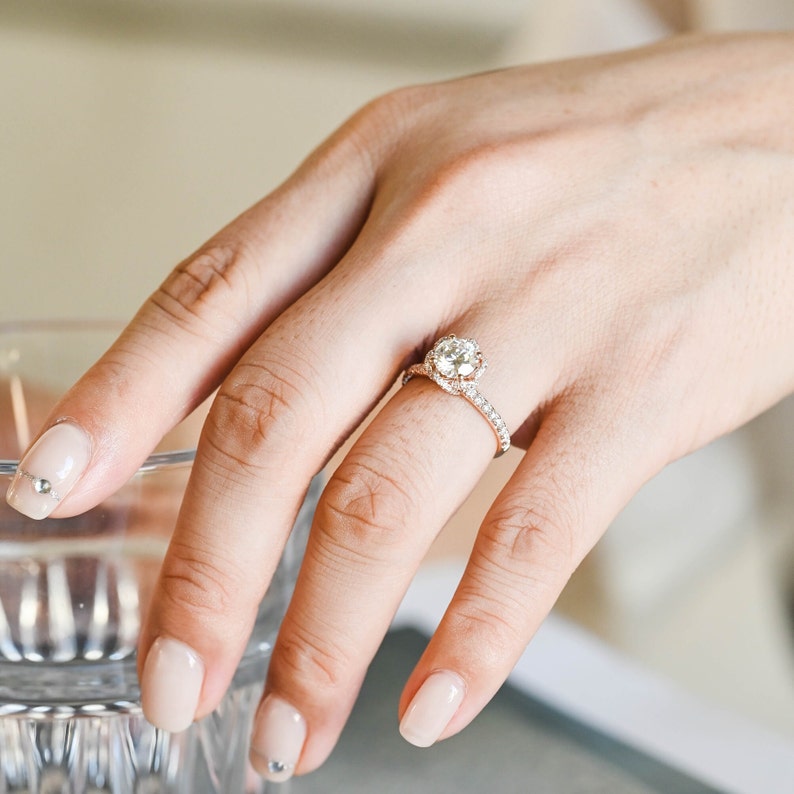 1.0 CT Round F/VS1 CVD Diamond Unique Halo Pave Setting Engagement Ring - Camila Brown