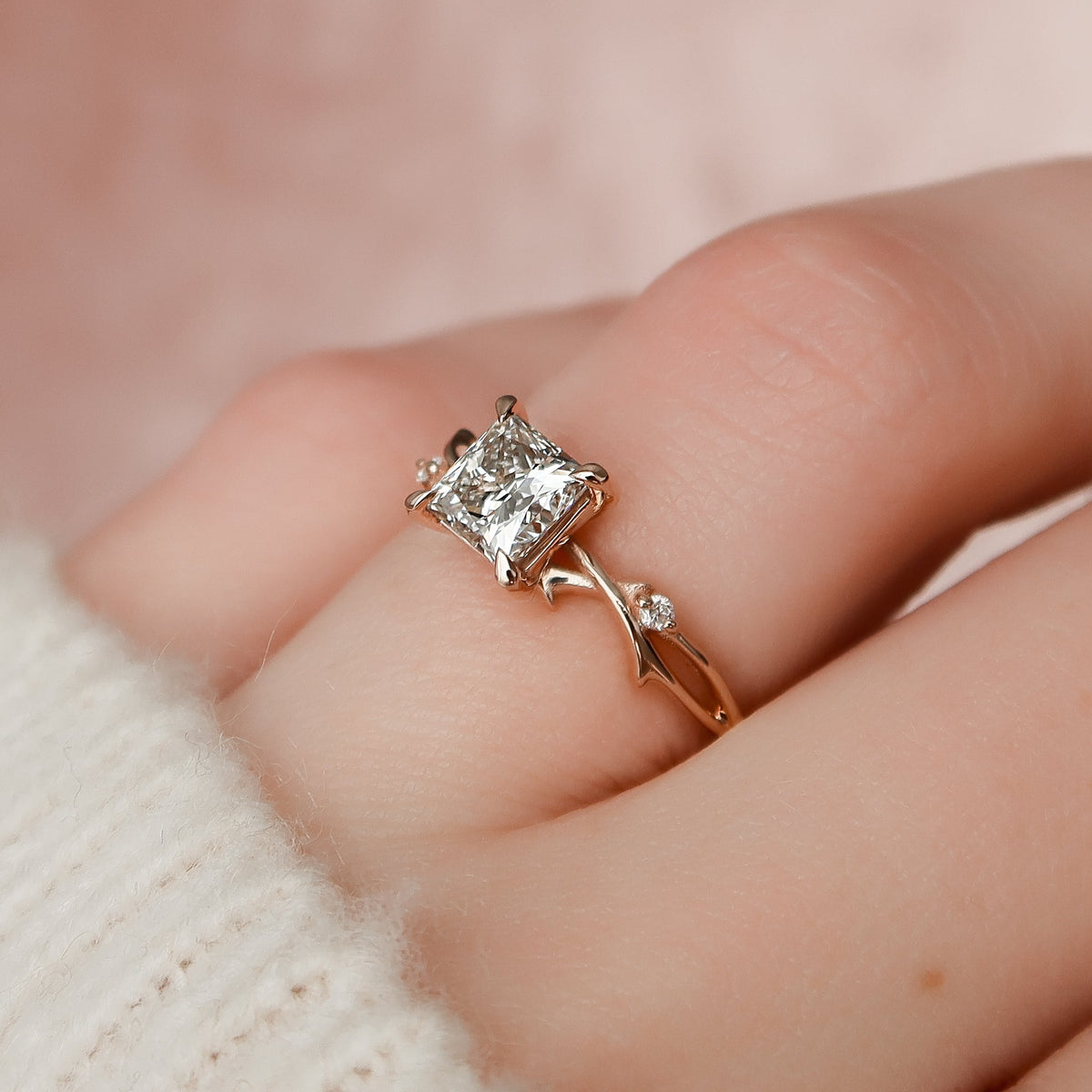 Princess cut CVD diamond engagement ring with twig style band design