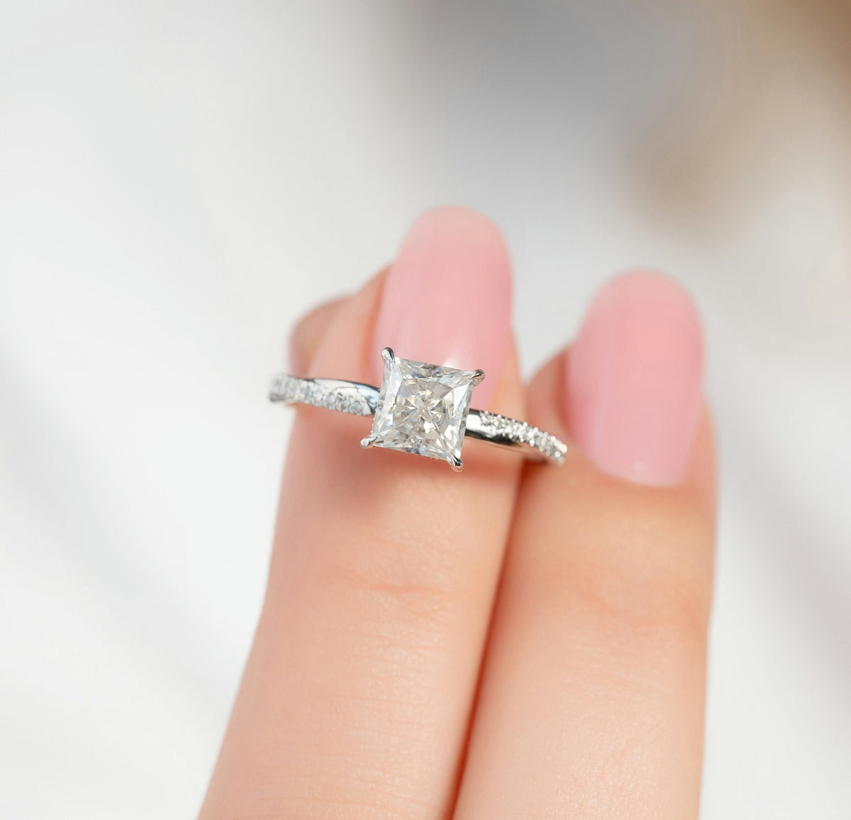 1.0 - 3.0 CT Princess Cut  Lab Grown Diamond Hidden Halo & Twisted Setting Engagement Ring