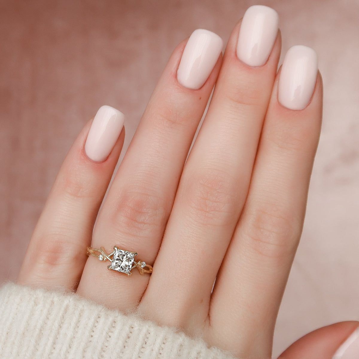 Princess cut CVD diamond engagement ring with twig-style band in white gold