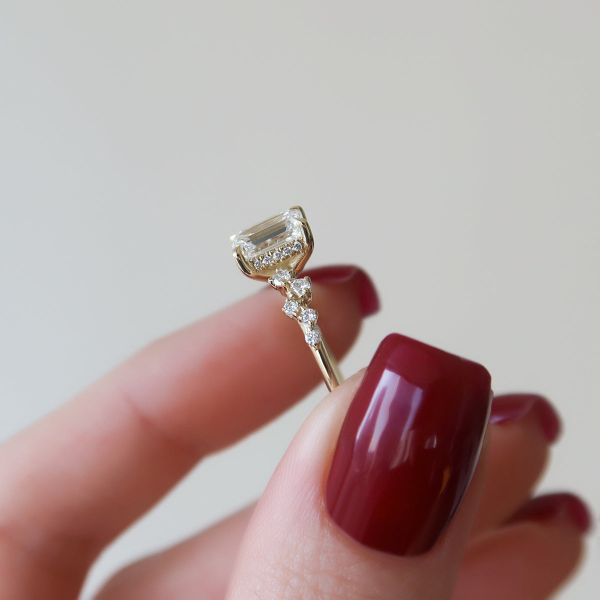 Emerald cut moissanite cluster engagement ring with hidden halo in white gold setting, 1.50-3.50 CT