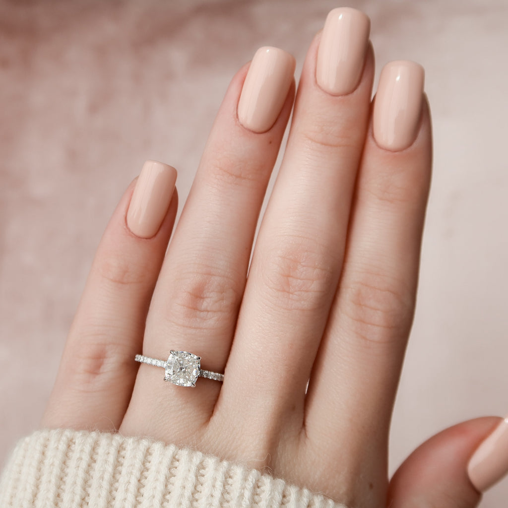 2.0 - 3.0 CT Cushion Cut Lab Grown Diamond Hidden Halo & Pave Engagement Ring