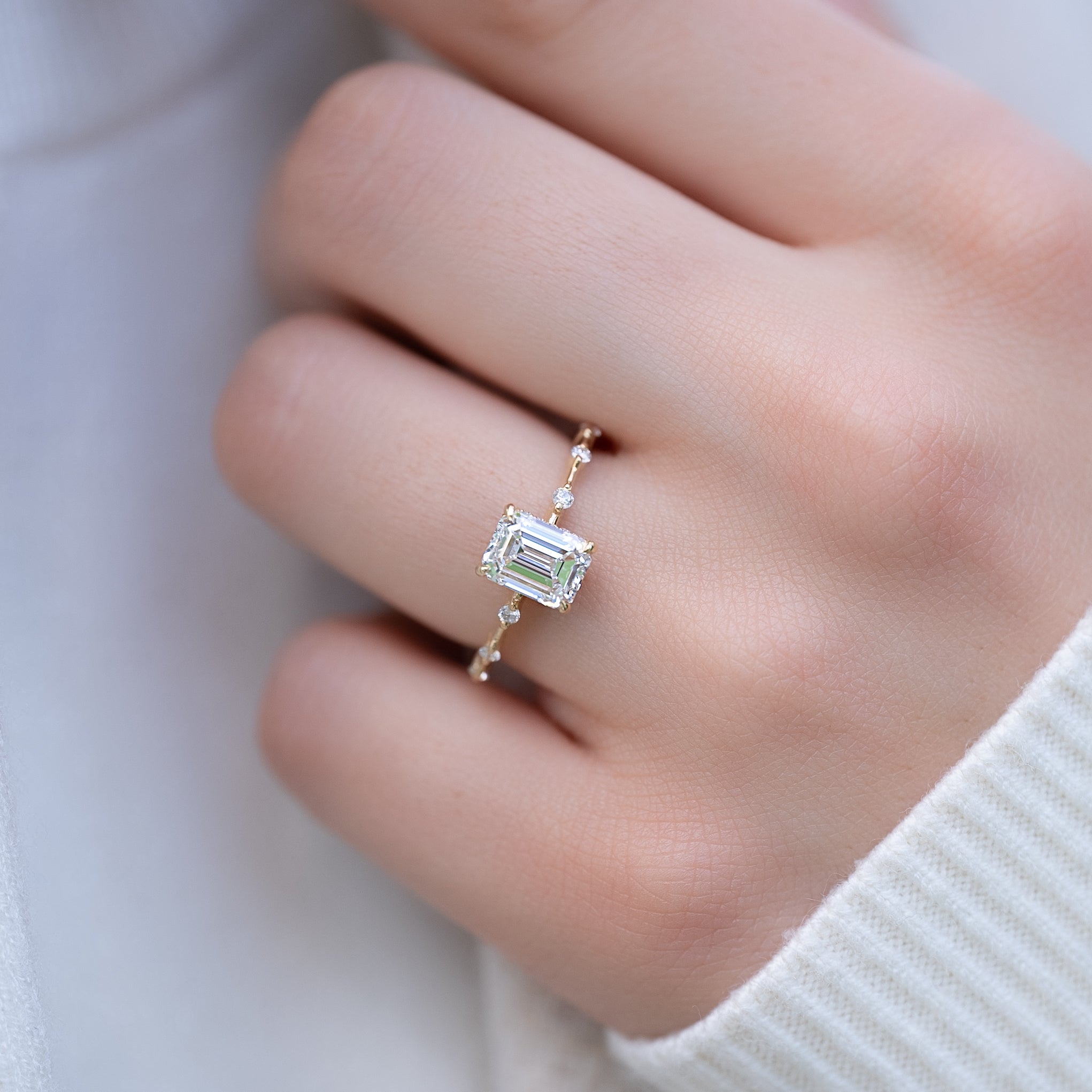 1.0 - 3.0 CT Emerald Cut CVD Diamond Hidden Halo & Dainty  Engagement Ring