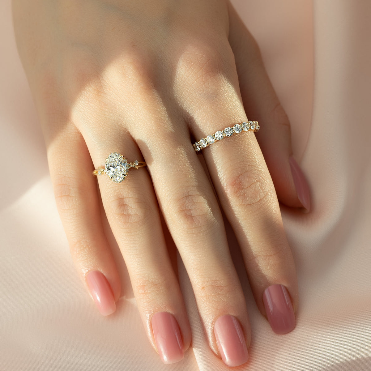 Oval cut moissanite twig engagement ring with nature-inspired band in white gold, 1.50-3.50 CT

