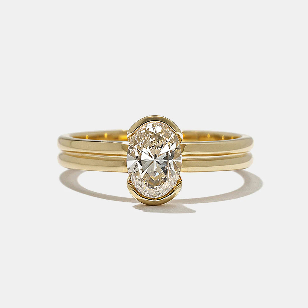 0.75 -2.50 CT Oval CVD Diamond Half Bezel Engagement Ring