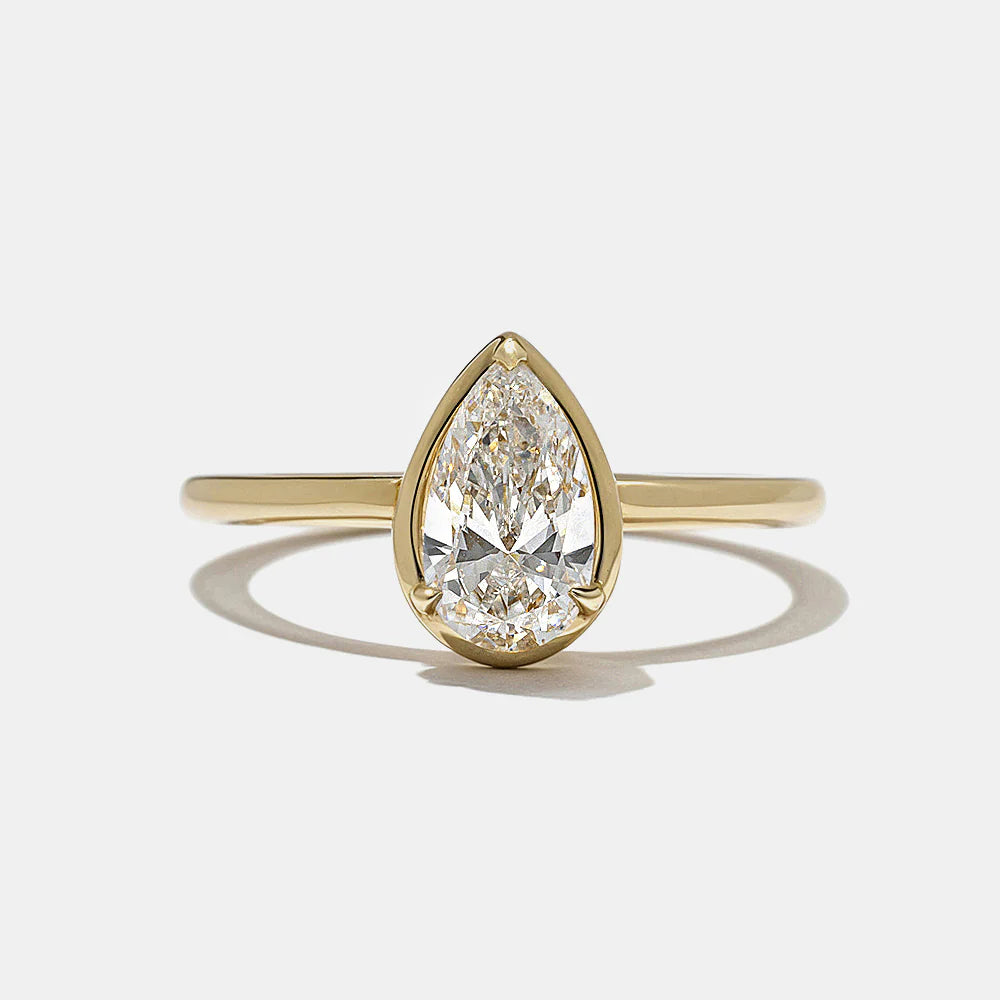 0.75 -2.50 CT Pear Lab Grown Diamond Half Bezel Solitaire Engagement Ring