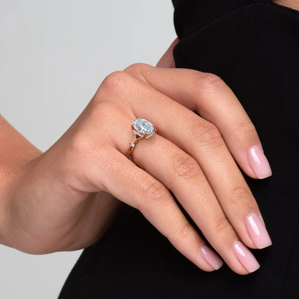 Oval cut moissanite twig engagement ring with nature-inspired band in white gold, 1.50-3.50 CT

