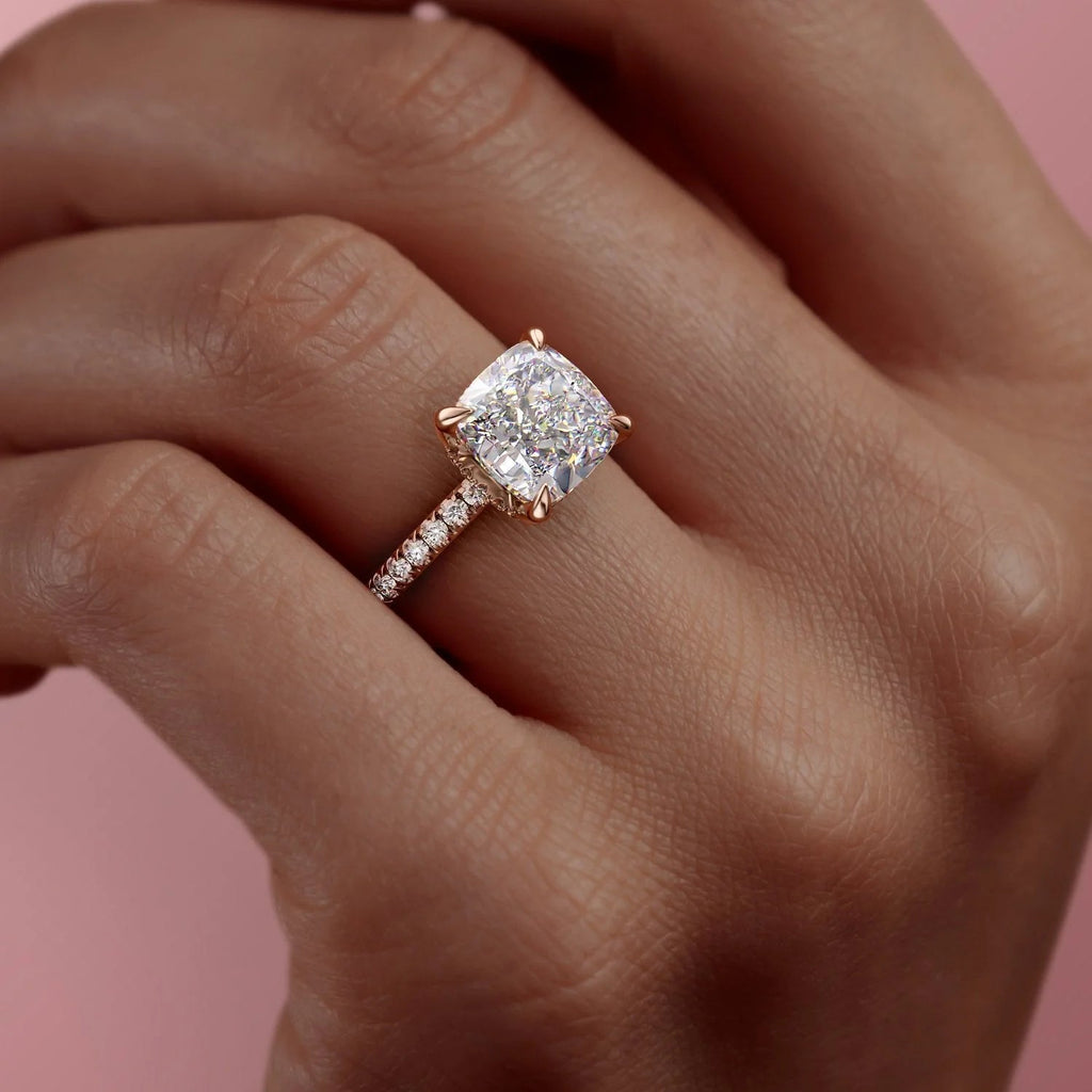 2.0 - 3.0 CT Cushion Cut Lab Grown Diamond Hidden Halo & Pave Engagement Ring