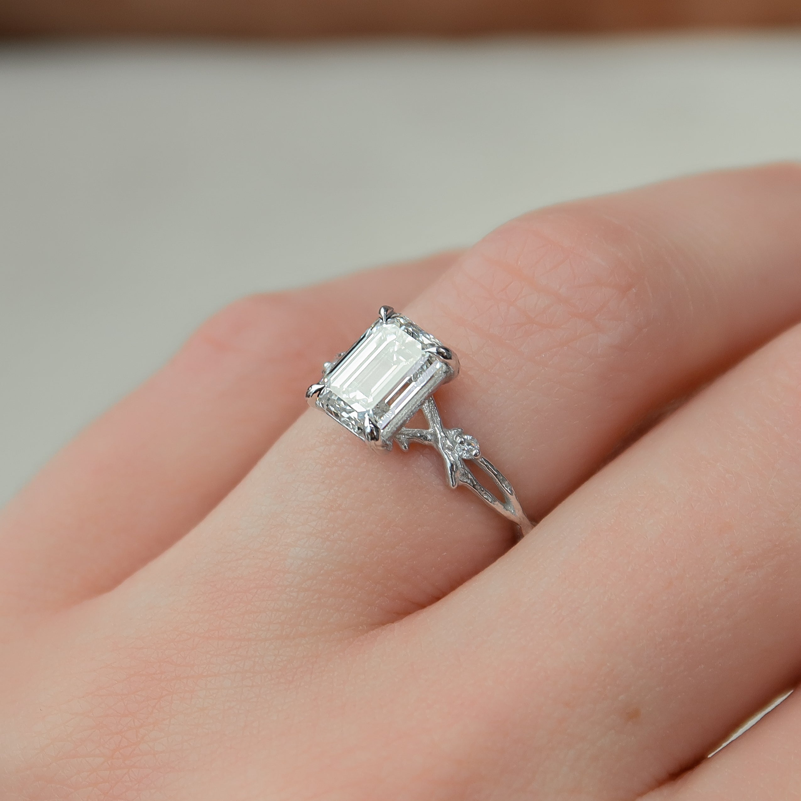 1.0 - 3.0 CT Emerald Cut CVD Diamond Twig Setting Engagement Ring