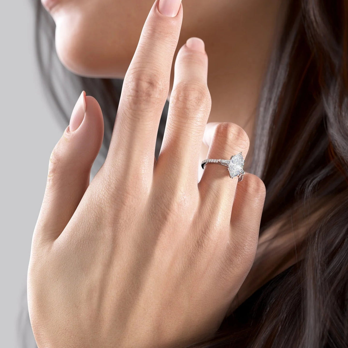 Marquise cut CVD diamond three stone engagement ring with pave band in white gold