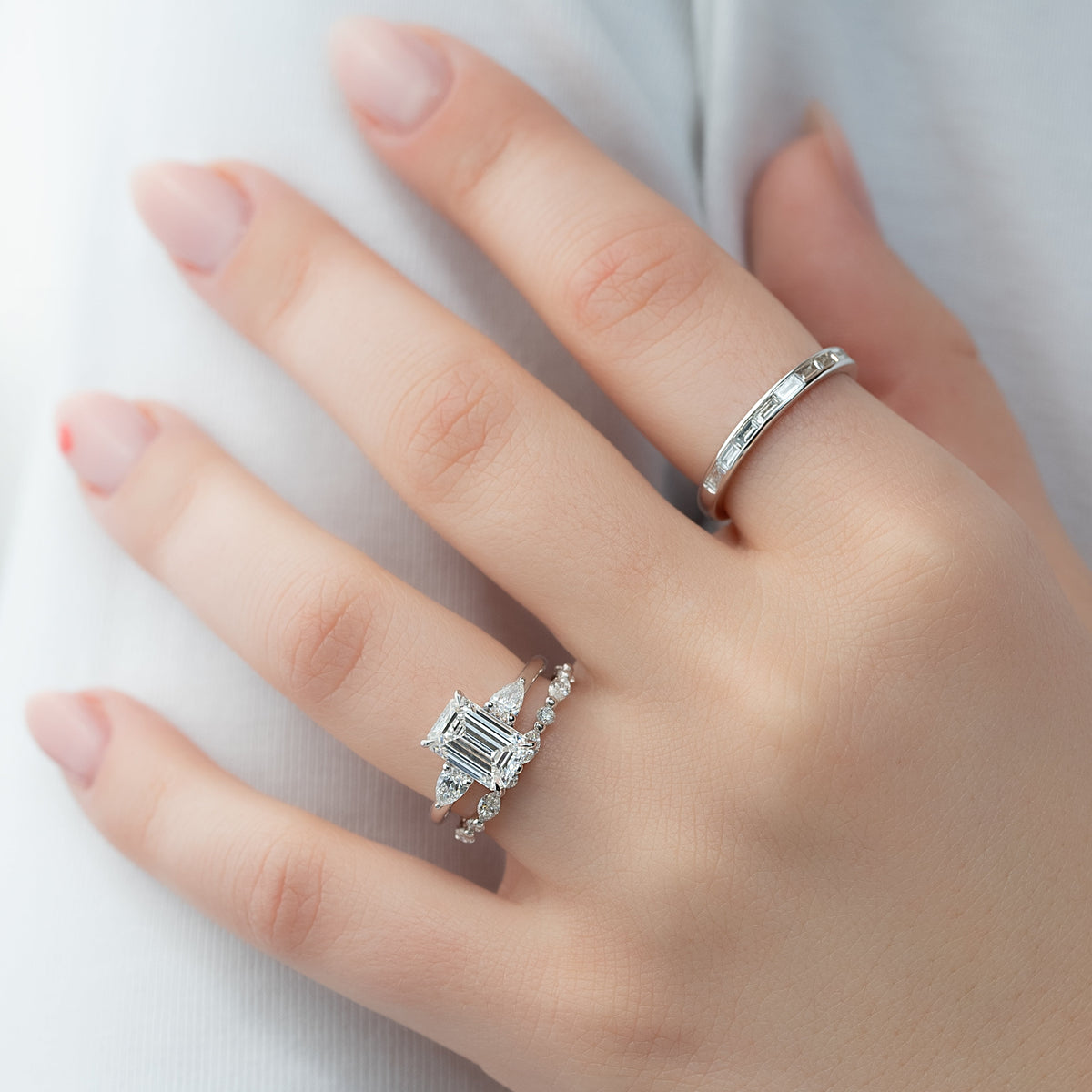 2.0- 4.0 CT Emerald Cut Lab Grown Diamond Three Stone Style Engagement Ring