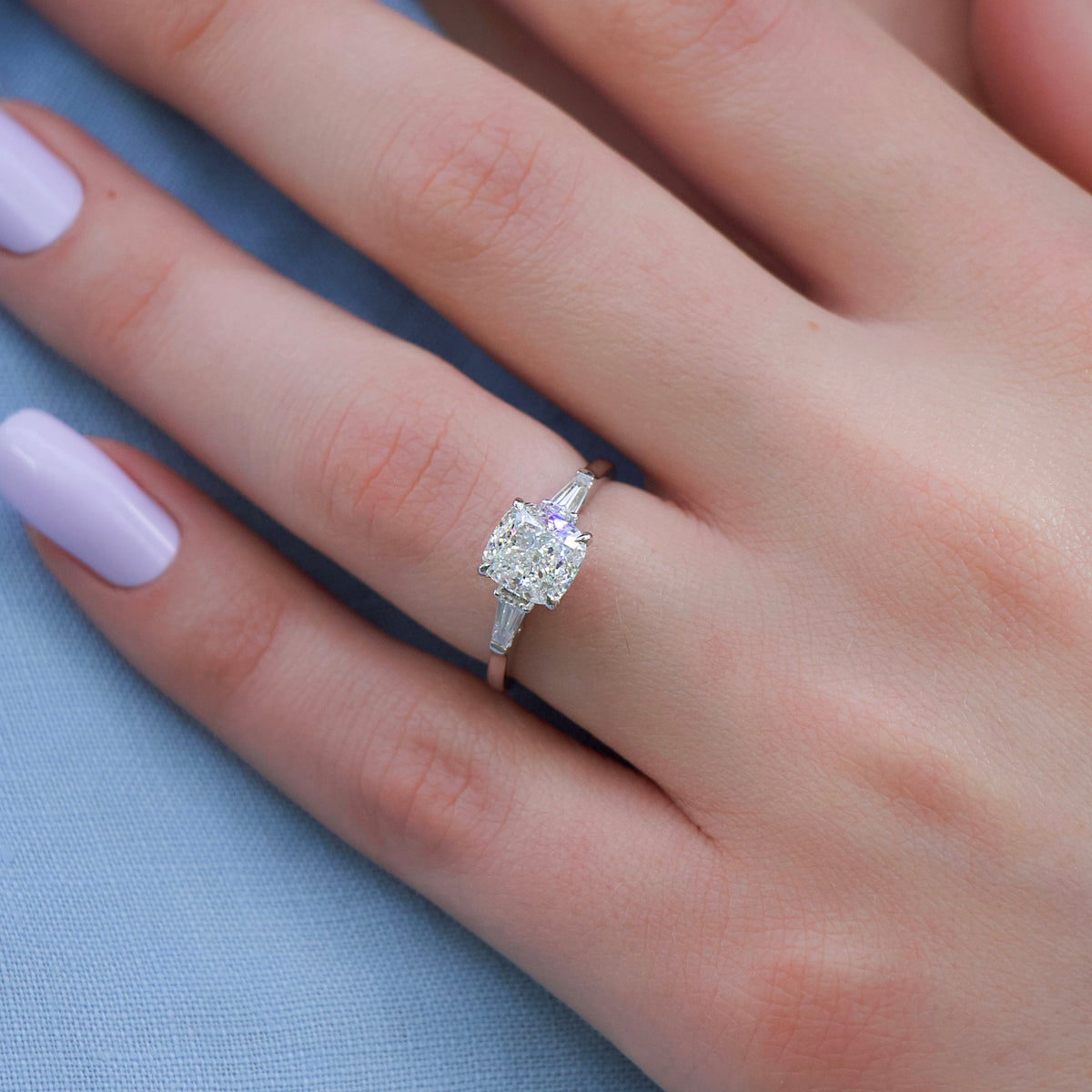 2.0 - 4.0 CT Cushion Cut  Lab Grown Diamond Three Stone Style Engagement Ring