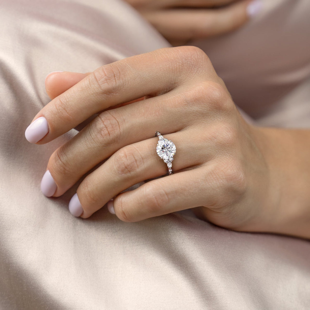 Round cut CVD diamond cluster engagement ring in white gold setting