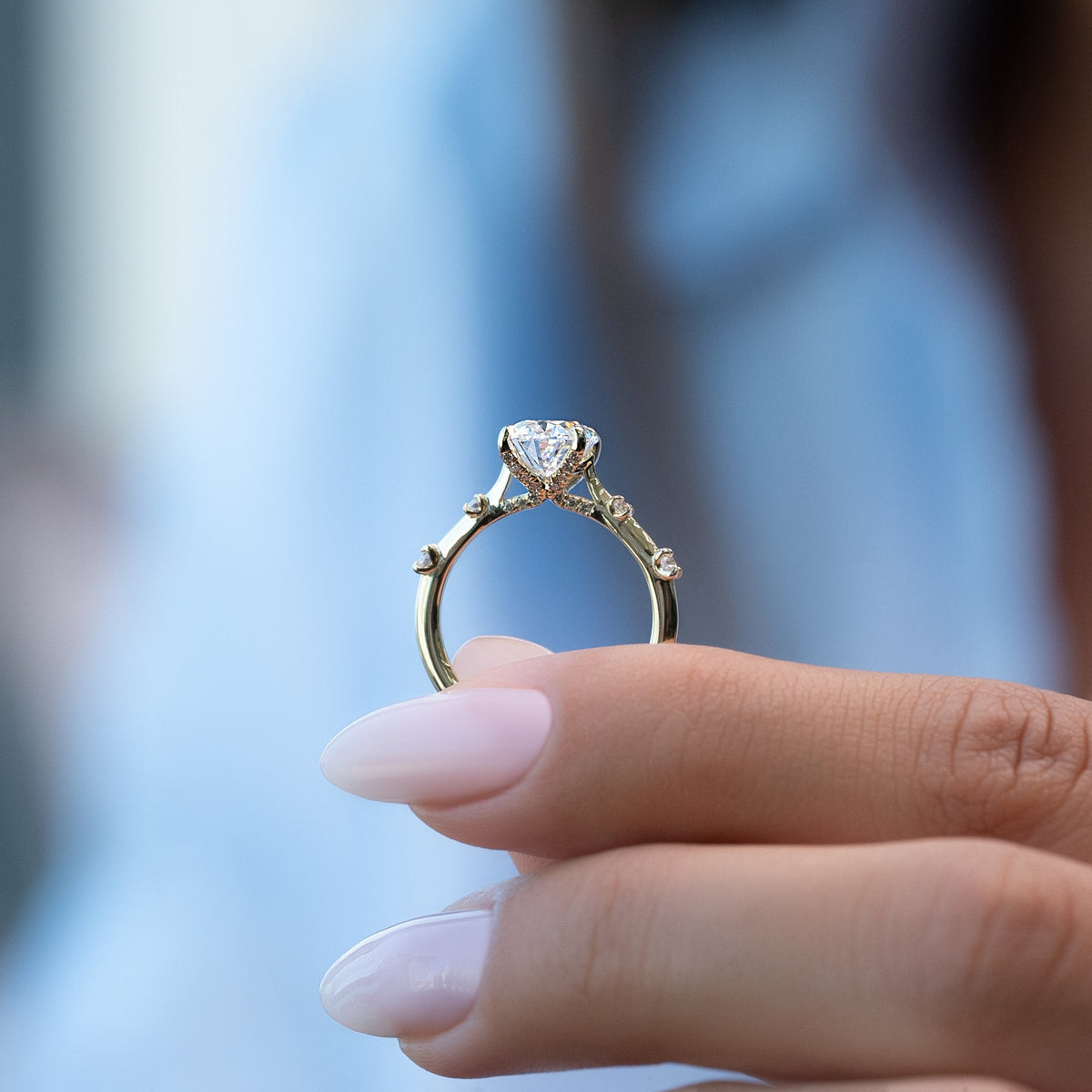 Oval cut CVD diamond dainty engagement ring with slim band in white gold