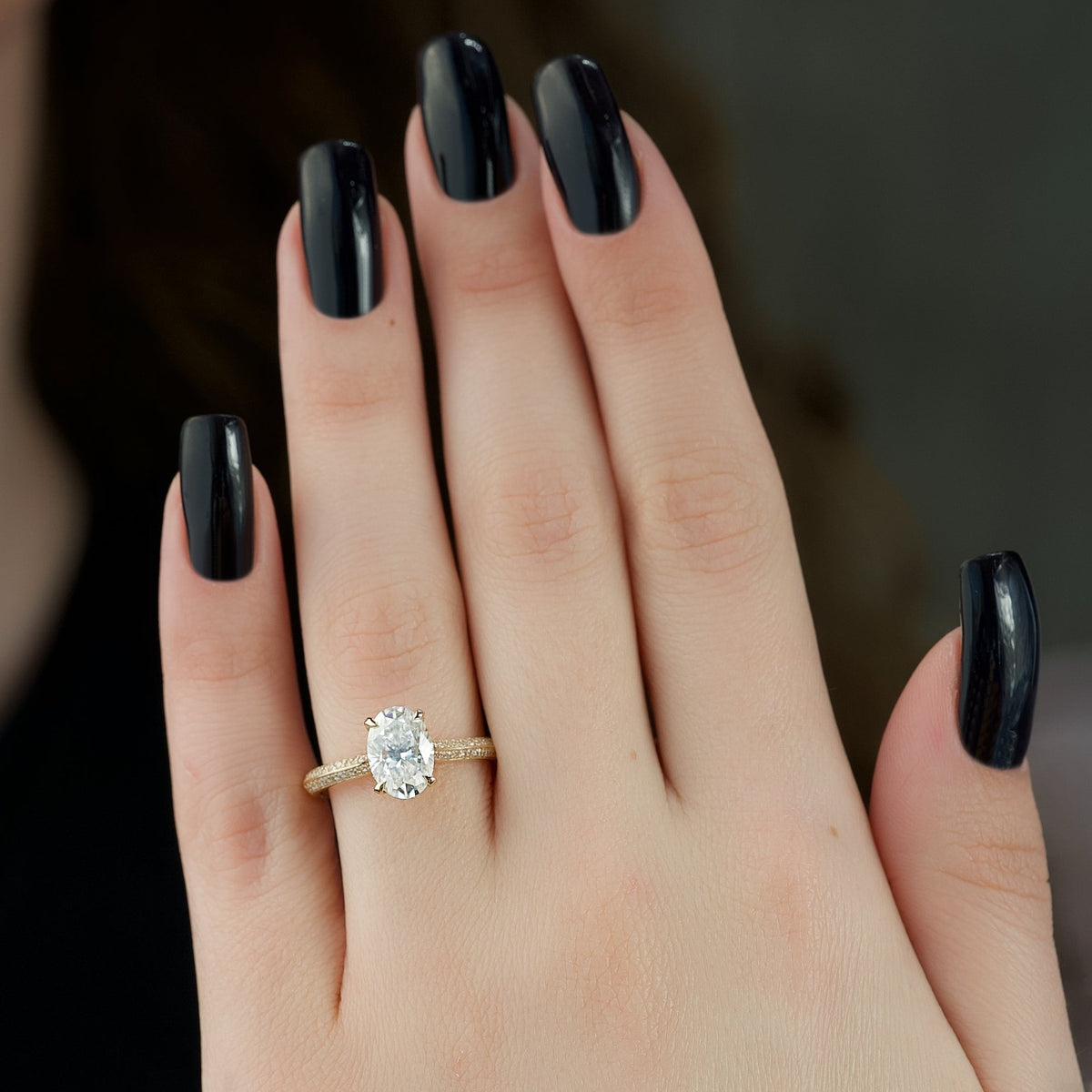 Oval cut CVD diamond hidden halo engagement ring with pave band in white gold setting