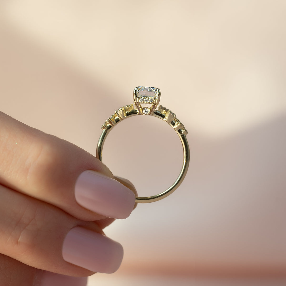 Emerald cut moissanite cluster engagement ring with hidden halo in white gold setting, 1.50-3.50 CT