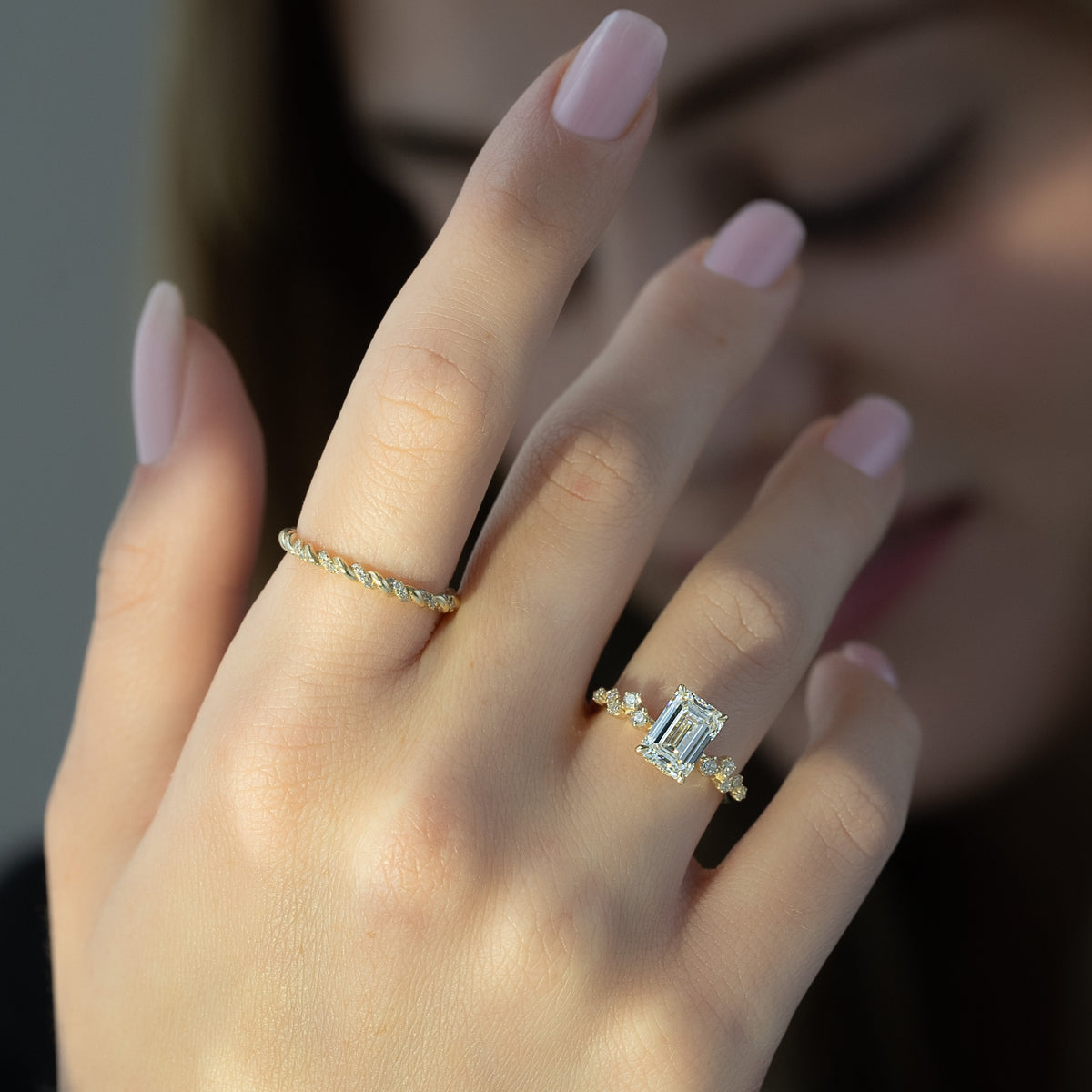 Emerald cut moissanite cluster engagement ring with hidden halo in white gold setting, 1.50-3.50 CT