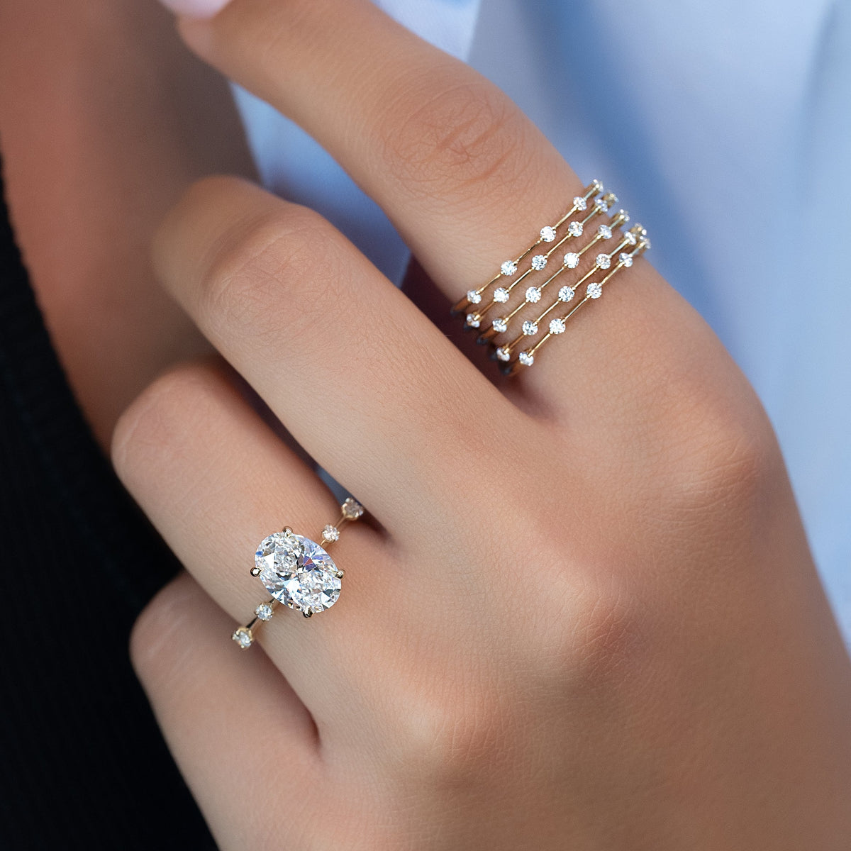 Oval cut CVD diamond dainty engagement ring with slim band in white gold