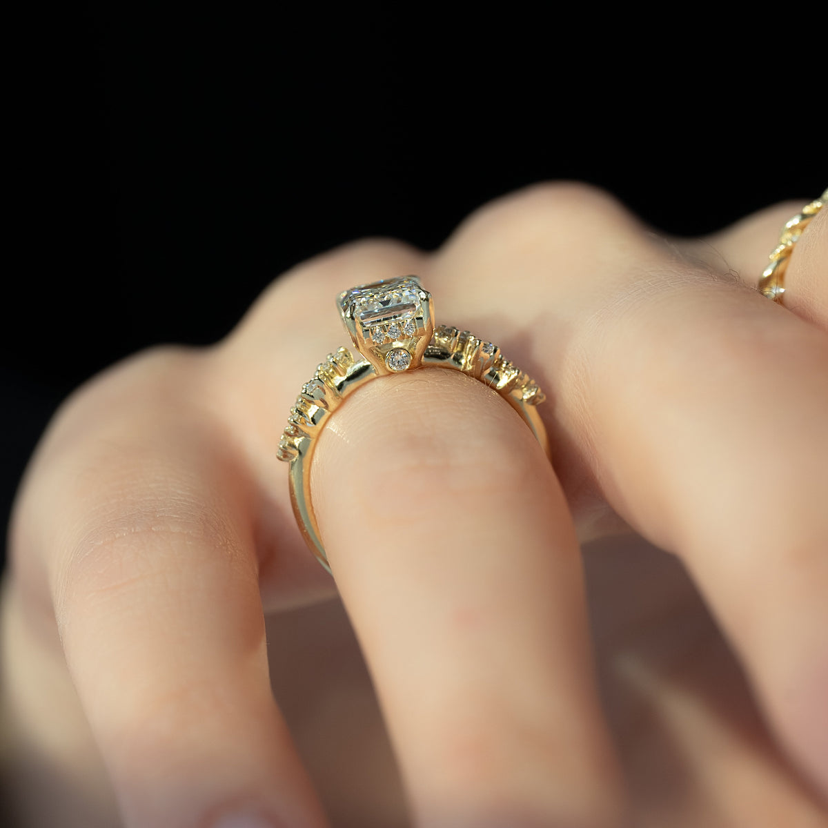 Emerald cut moissanite cluster engagement ring with hidden halo in white gold setting, 1.50-3.50 CT