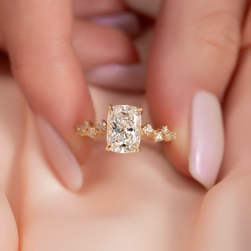 Elongated cushion cut moissanite cluster engagement ring in platinum setting, 2.0-4.0 CT