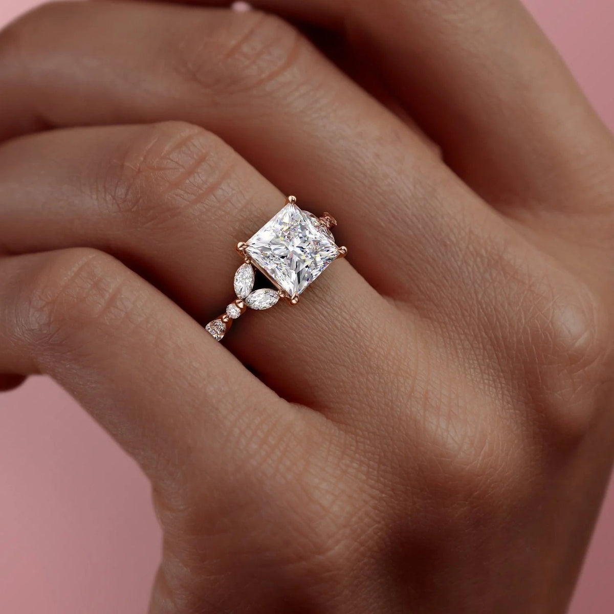 2.0- 4.0 CT Princess Cut  Lab Grown Diamond Cluster Engagement Ring
