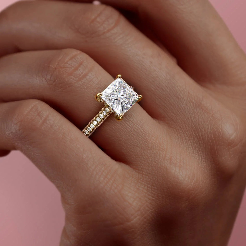 2.0 - 4.0  CT Princess Cut Lab Grown Diamond Hidden Halo & Pave Engagement Ring