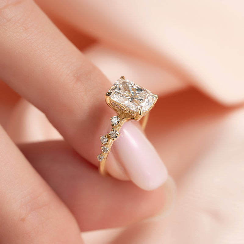 Elongated cushion cut moissanite cluster engagement ring in platinum setting, 2.0-4.0 CT
